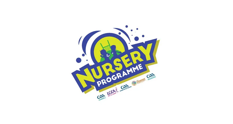 GAA Nursery Programme logo featuring children playing handball with blue and yellow design and GAA sponsor emblems.